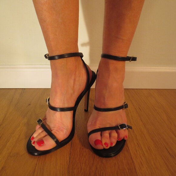TIBI Black Leather Ankle Strap High Heel Sandals - Picture 1 of 8